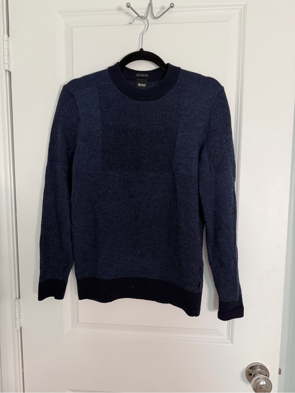 BOSS Men's Dark Navy Textured Crewneck Sweater